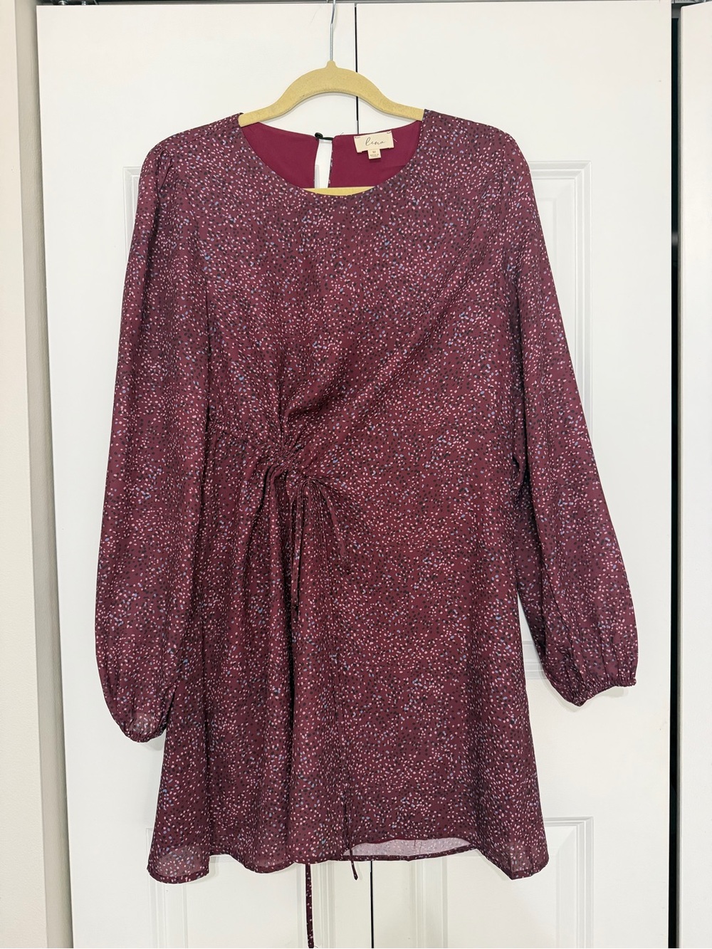 Lena Maroon Printed Long-Sleeve Drawstring Tunic Dress